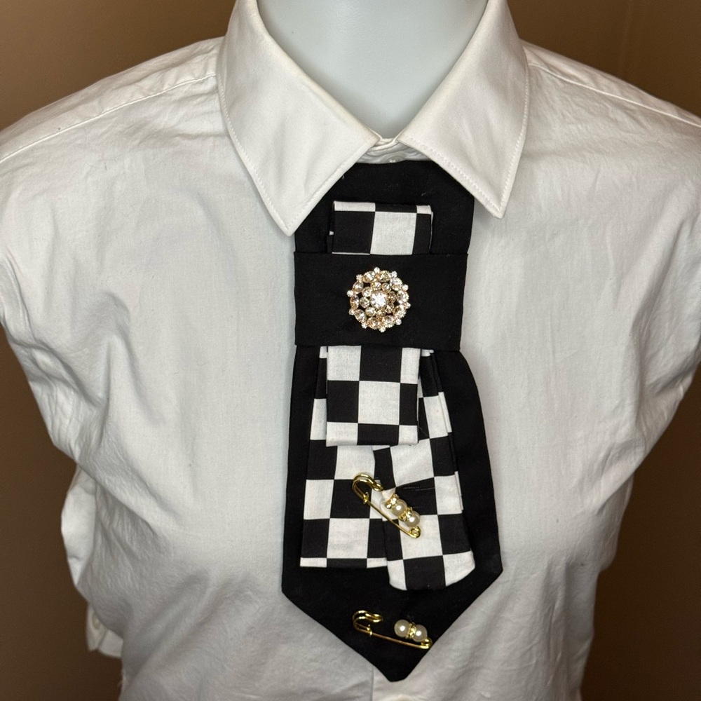 Black and White Checkered Tie with Brooch